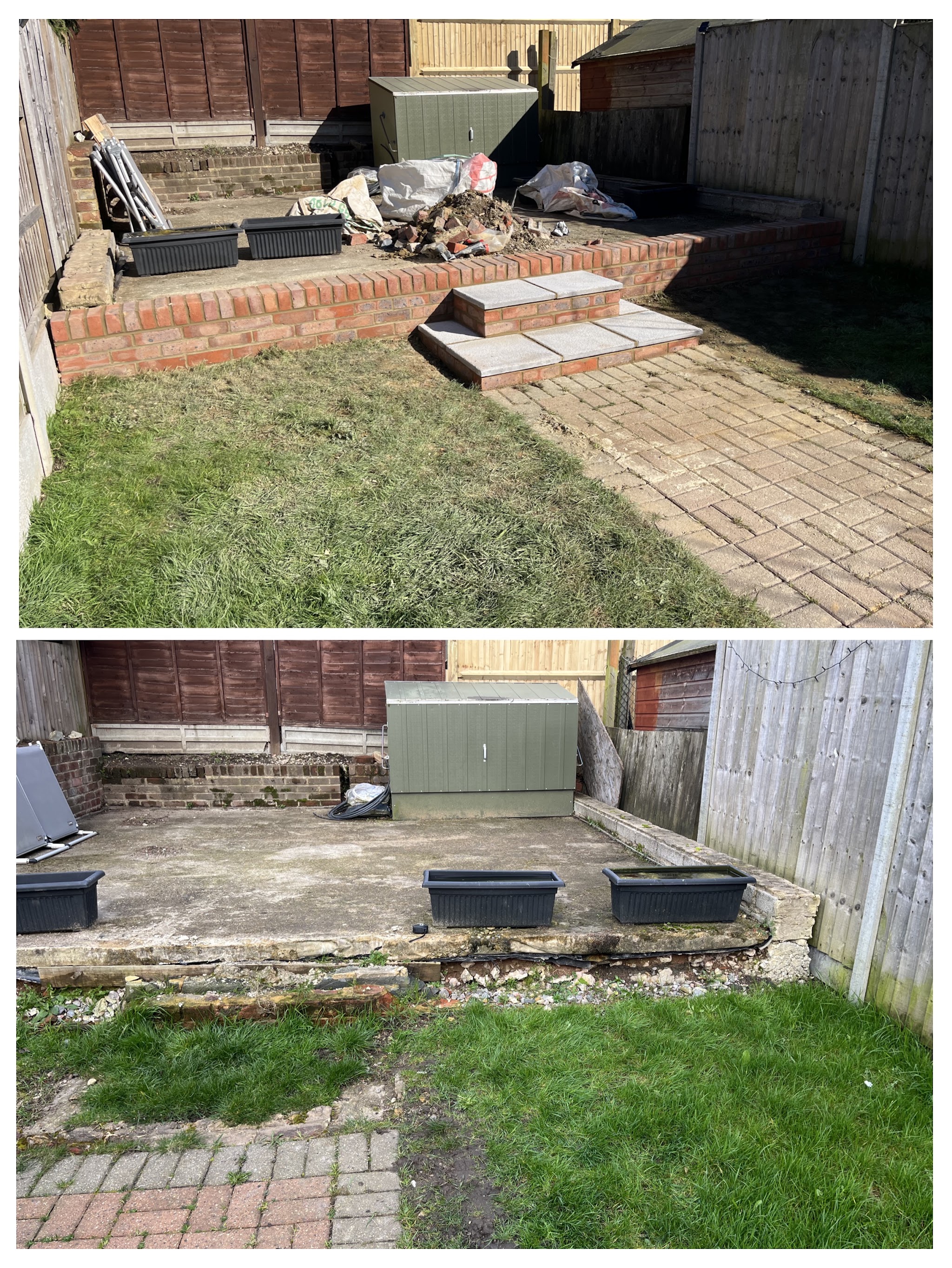 Top: new brick raised beds and steps with paving slabs in a back garden. Bottom: the same garden before, with old concrete and broken edging.