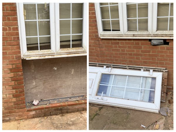 Left: an old door opening under a window boarded with plywood. Right: the opening filled with new brickwork matching the wall.