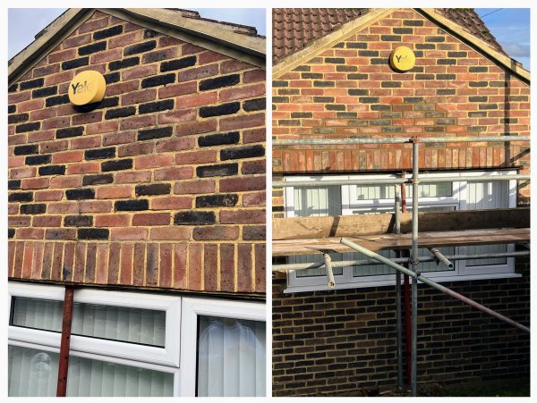 The same brick gable end shown twice, once with scaffolding up during the work