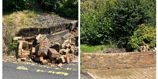 Left: a front garden wall collapsed into a pile of bricks. Right: the wall rebuilt in red brick with a curved end.
